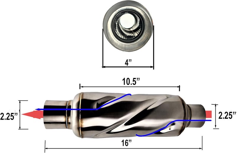 NETAMI Turbo Exhaust Resonator Stainless Steel Polished Inlet/Outlet: 2.25", Body Diameter: 4", Overall Length: 16" - Image 3